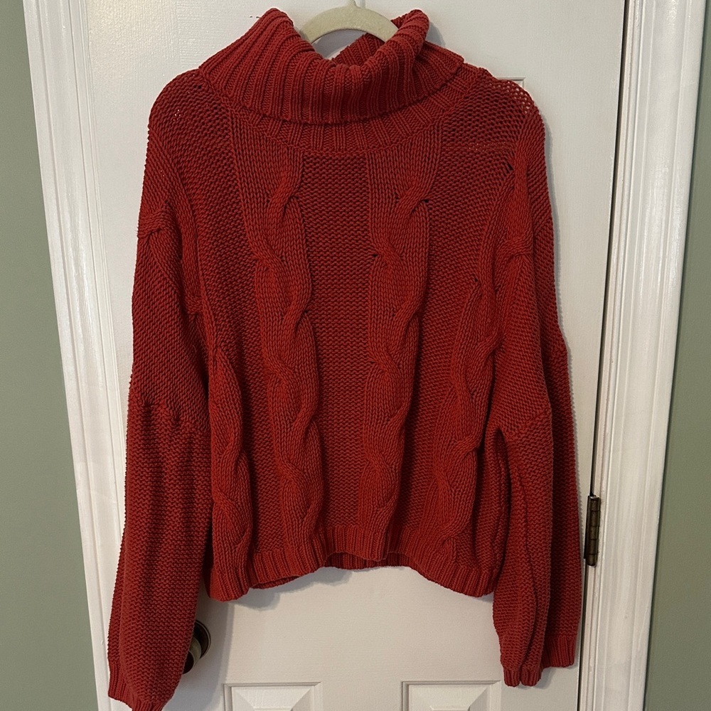 Cozy Red-Burnt Orange Cable Knit Turtleneck Sweater